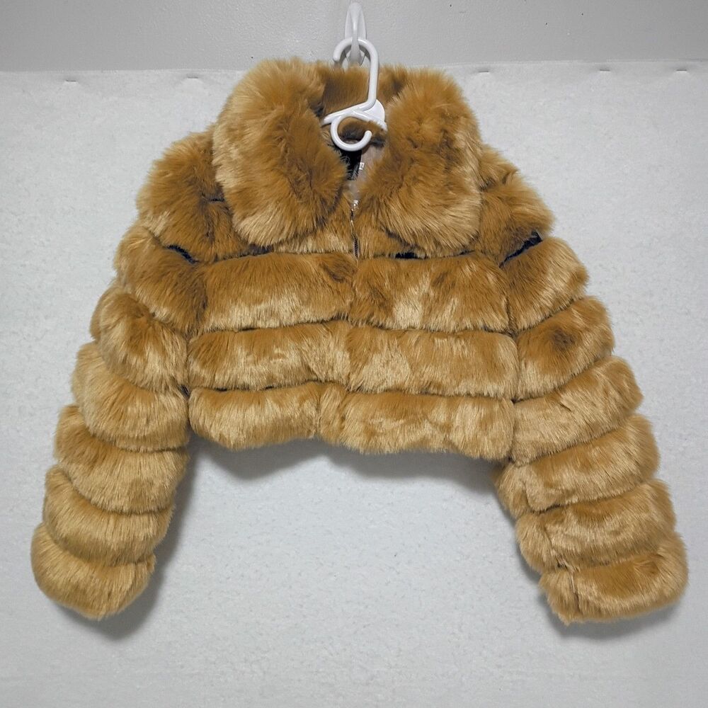 Women's Qiye Brown Faux Fur Y2k Cropped Jacket Full Zipper Size XXL
